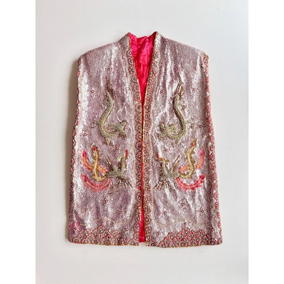 Vintage 50's Chinese Pink Red Beaded Sequin Dragon Phoenix Silk Wedding Vest - Picture 5 of 16
